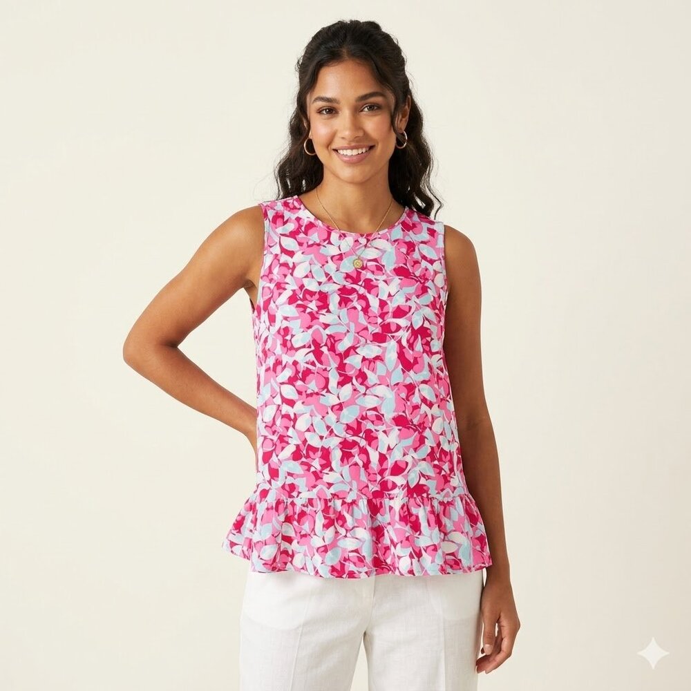 Andree by Unit Pink & Blue Abstract Floral Sleeveless Peplum Blouse SZ M